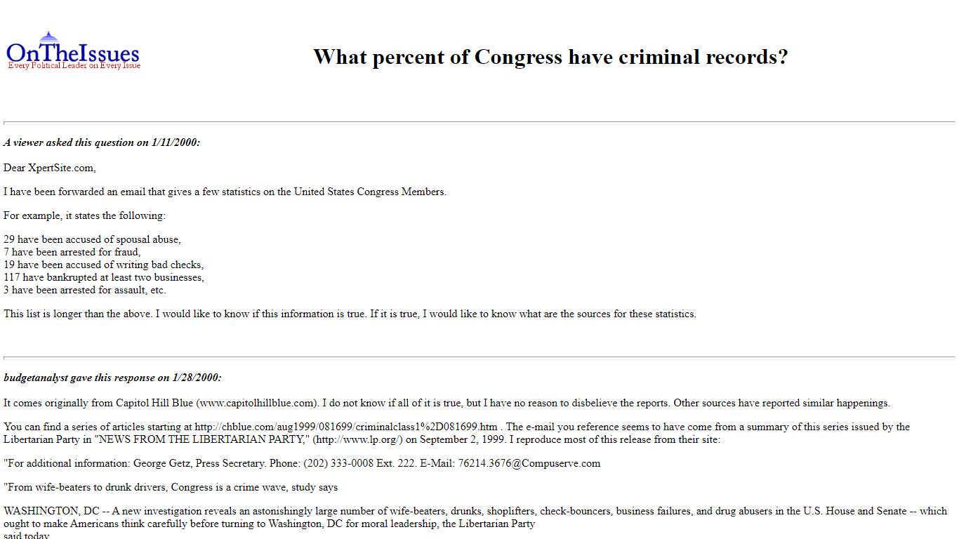 AskMe: What percent of Congress have criminal records? - On the Issues